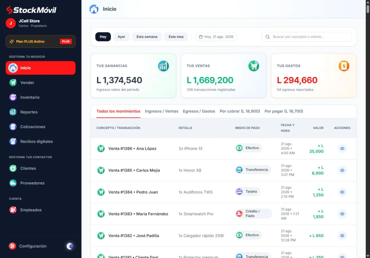 StockMóvil Plus en computadora con datos de demostración